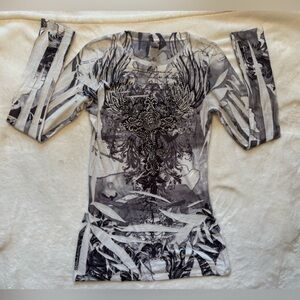 VINTAGE Y2K DAVIDA Artistic Black and Gray Cross Long Sleeve Shirt Medium